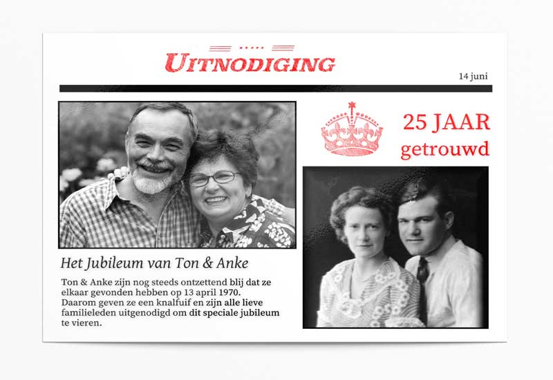 Jubileumuitnodiging in stijl van krantenartikel