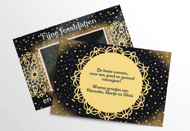 Kerstkaart met foto en gouden patronen