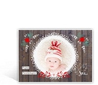 kerstkaart met foto in sneeuwvlokken en kerstwensen