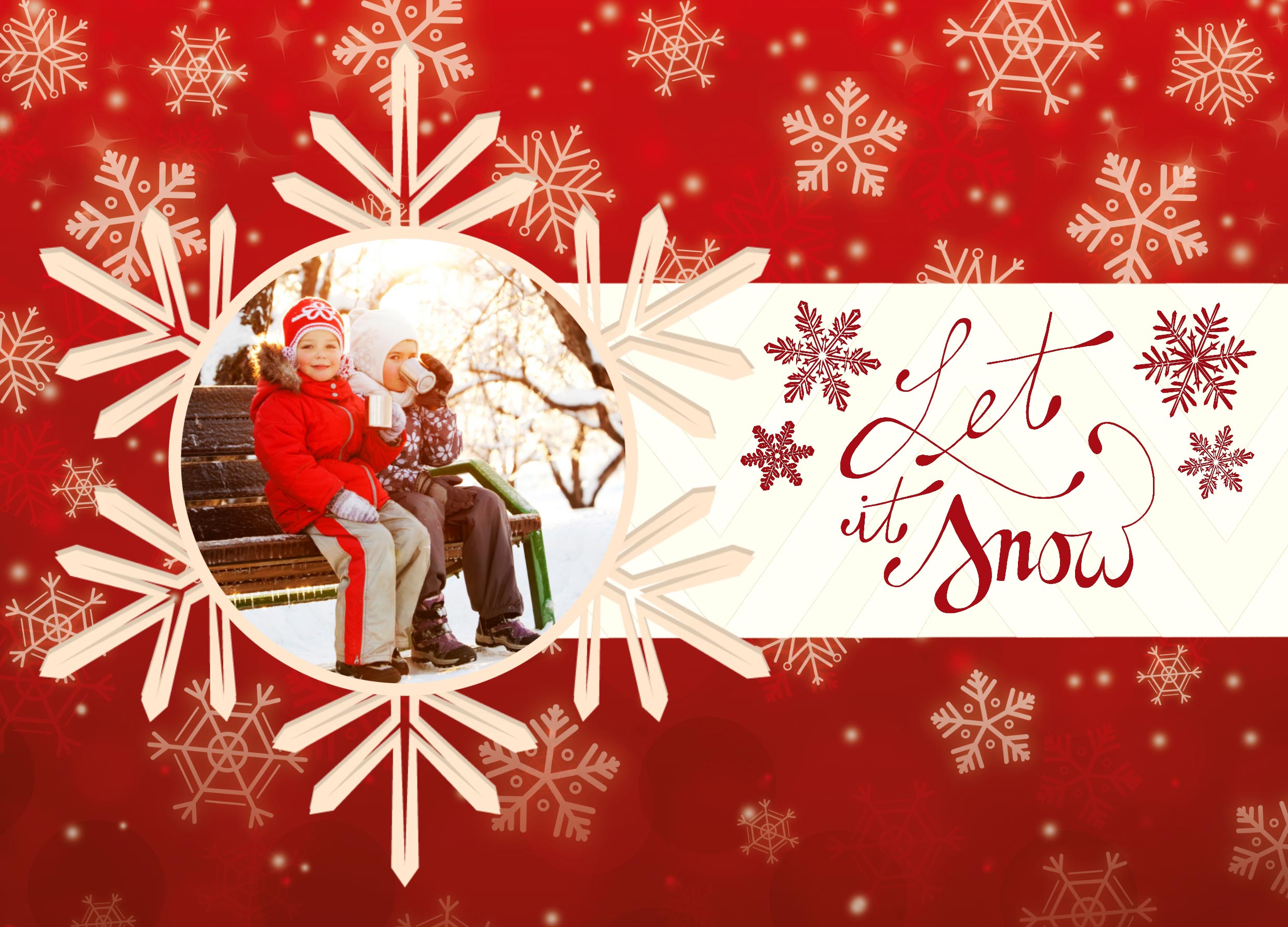 Sjieke 'let it snow' kerstkaart met rode kristallen achtergrond