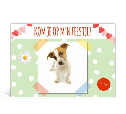 Uitnodiging kom je op mijn feestje, vastgeplakt met gekleurd plakband
